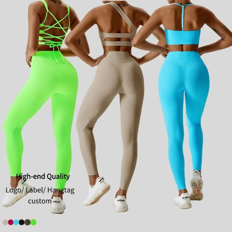 2024 New Sports Set 2/3/4/5 PCs Workout Suit Bandage Open Back Women Gym Fitness Bra Yoga Leggings Active Wear Pants Set