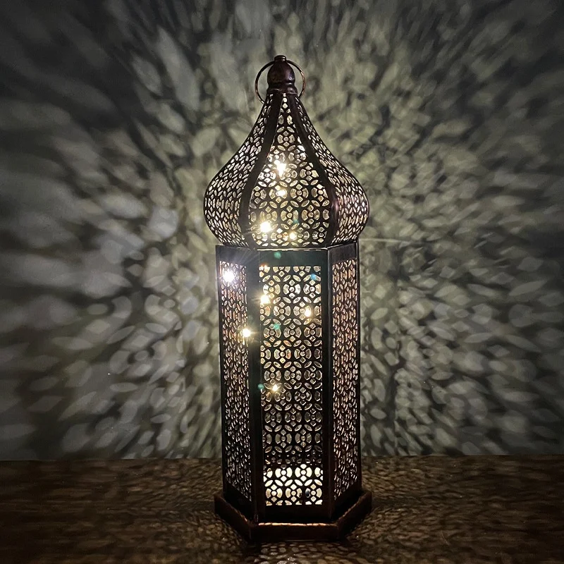 Wholesale Moroccan Style Hollow Out Battery Powered Metal Led Lanterns For Decorative Eid Ramadan Ornaments