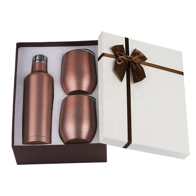 luxury insulated stainless steel wine tumbler chiller gift set with lid straw birthday 2*12oz tumbler 17oz wine bottle gift box