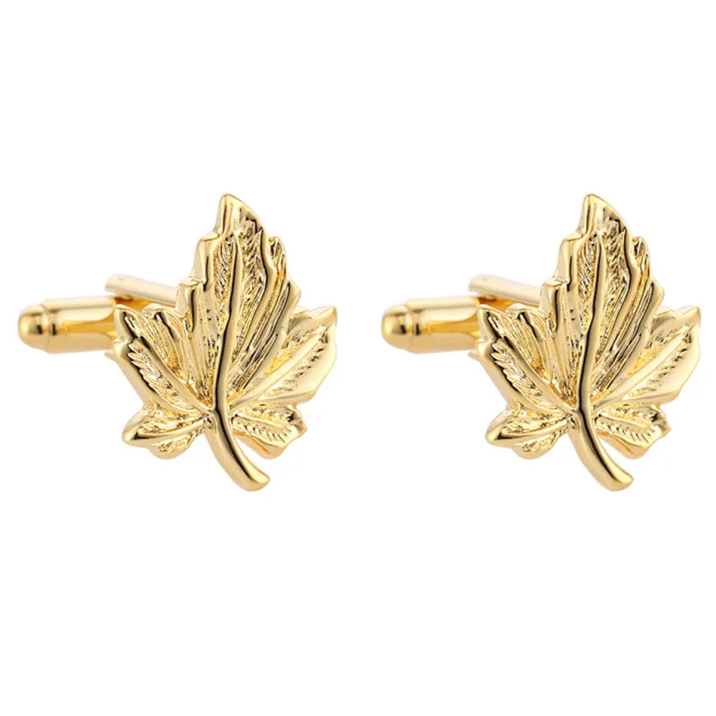 Fashion  Wedding Groom Perfect Quality Gold Plated Shirt Button Copper Alloy Metal Men Jewelry Maple leaf Cuff links  Cufflinks