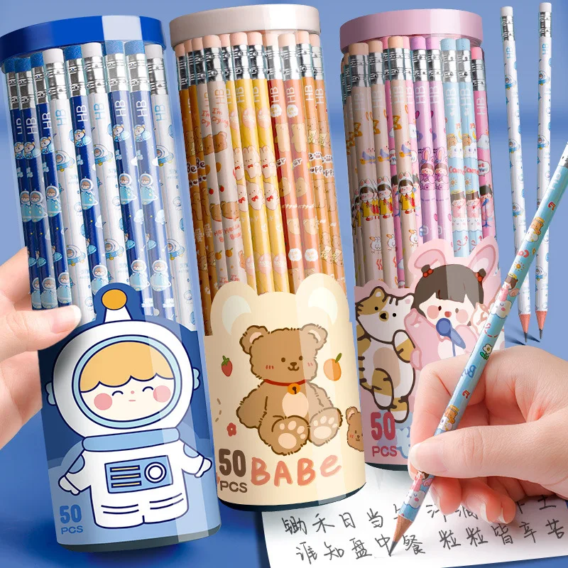 Wholesale Stationery 50pcs/Roll Raw Wood Pencils Cute Exquisite Pattern Pencil Set With Eraser