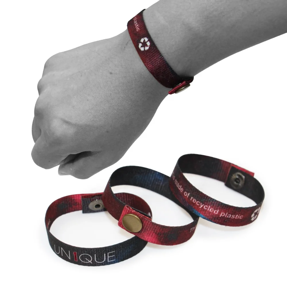 OEM recycled plastic fabric wristband with metal snap button