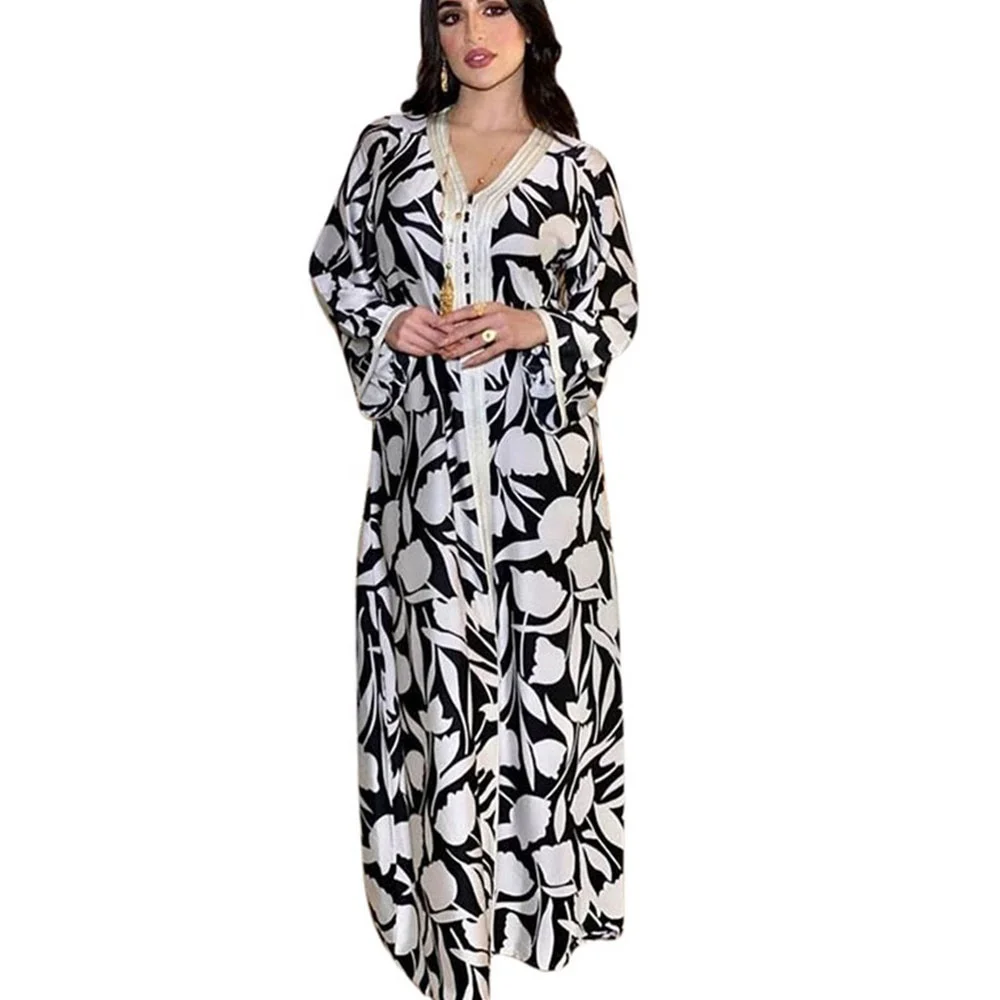 Middle East womens abaya printed Muslim long sleeve dress 100%polyester plus size women muslim blouse dubai robe saree petticoat