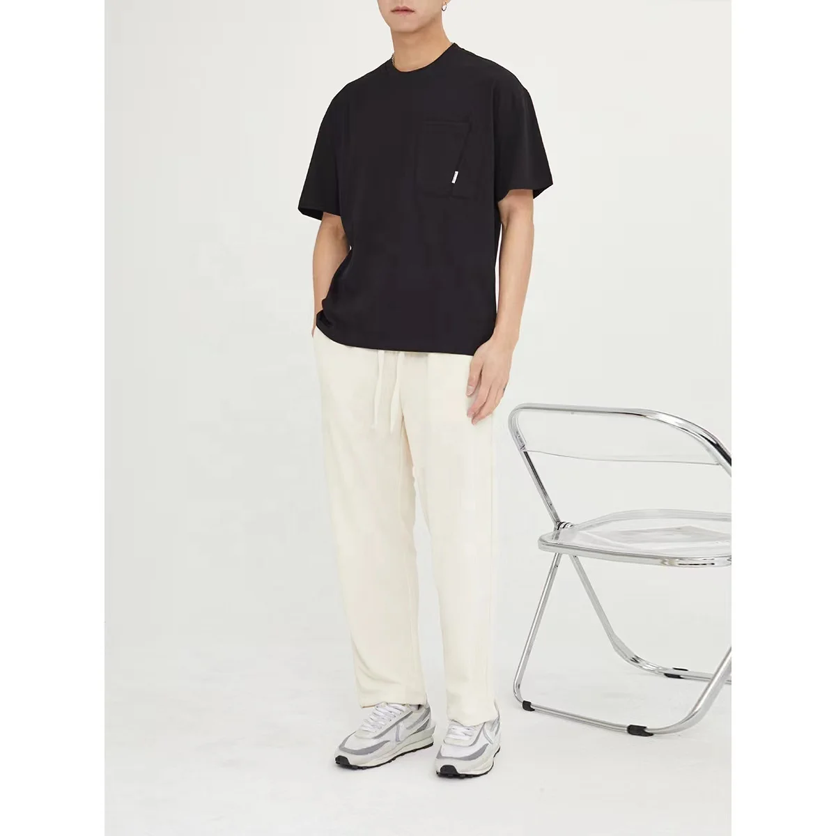 Solid color simple splicing short sleeve round neck casual loose half sleeve top breathable sweat wicking men summer t shirt