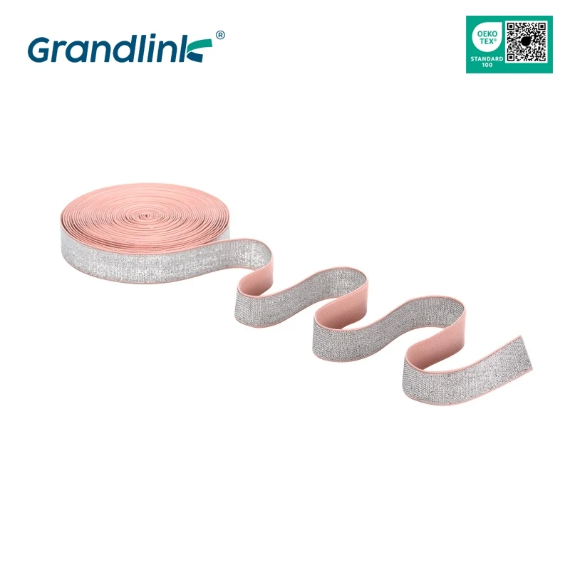 Factory Custom Logo High Tenacity Polyester Gold Silver Shiny Silk Elastic Webbing Fabric Rubber Band Luxury Webbing for garment