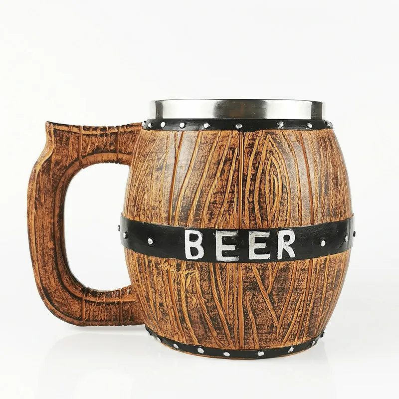 18 Oz Creative Nordic Double wall Stainless steel inner wood beer mug cup