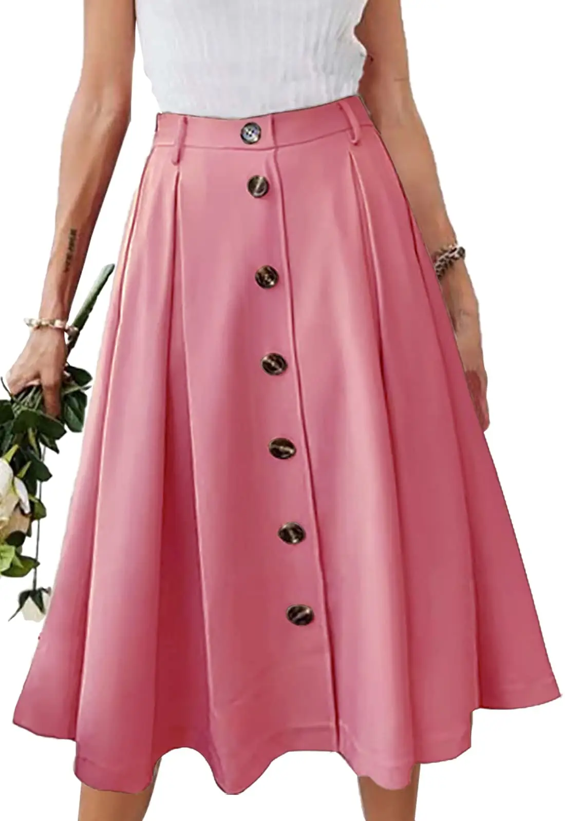 Fast Custom Womens Skirts Supplier Ladies Beige Front Open Button Up Central Slit Woven Midi Skirt 2023 Women Clothing