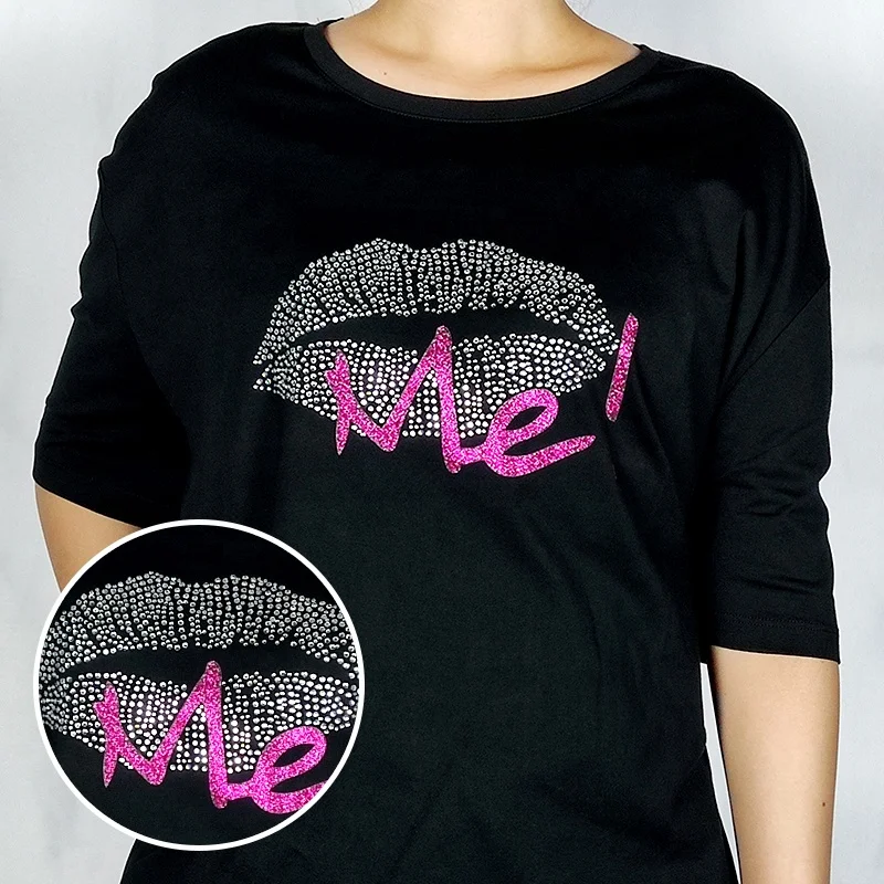 Bling Glitter Iron On Transfer Kiss Me Lady Lip Rhinestone Transfer Motif