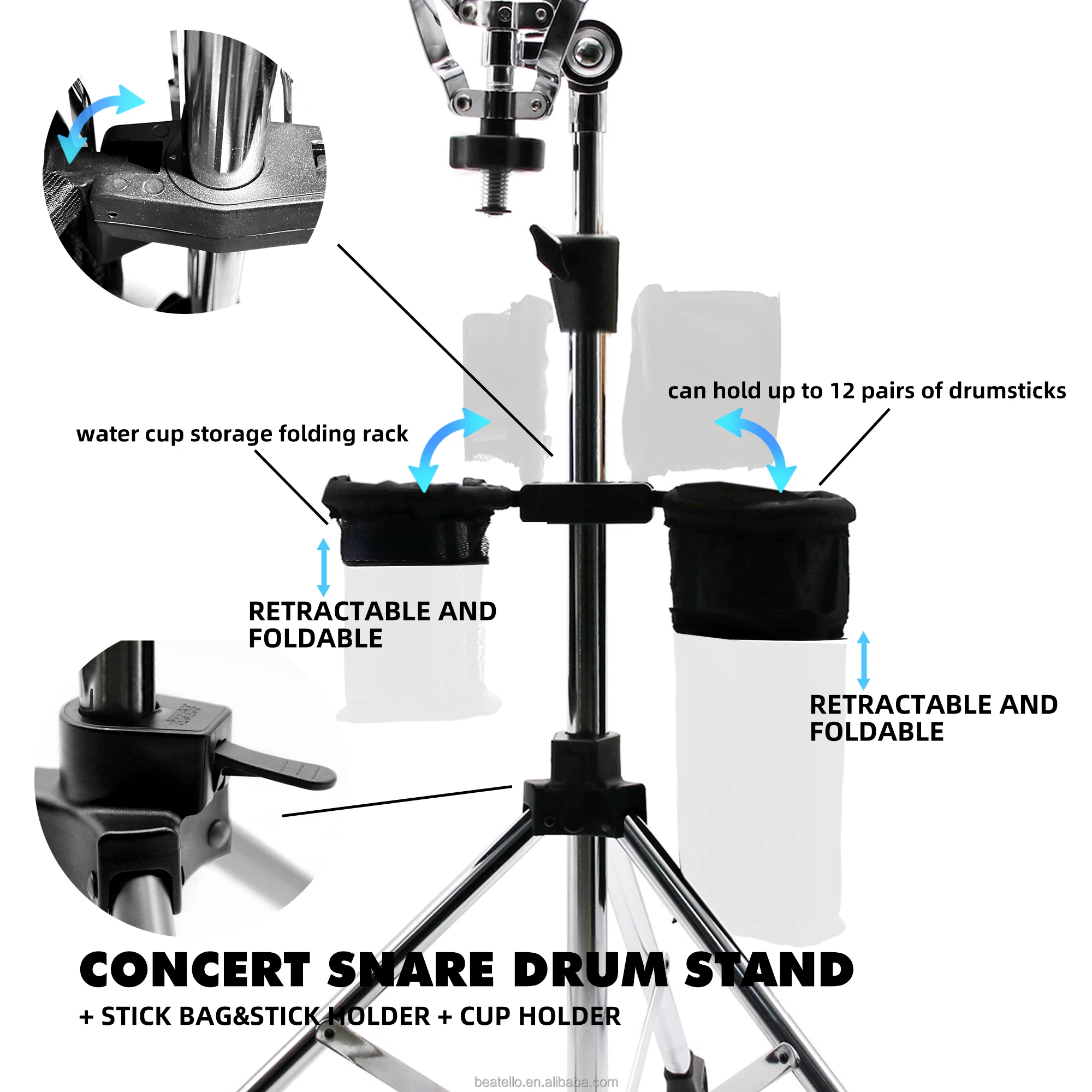JBK Snare Drum Stand Adjustable Height Professional Drum Kits With Stick Bag Holder & Cup Holder Storage Folding Rack
