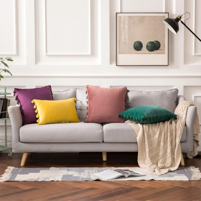 Wholesale Tassels Fringe Lumbar Throw Velvet Pillowcase Pillow Cushion Covers Cases 18 X 18 Inch Zipper Design