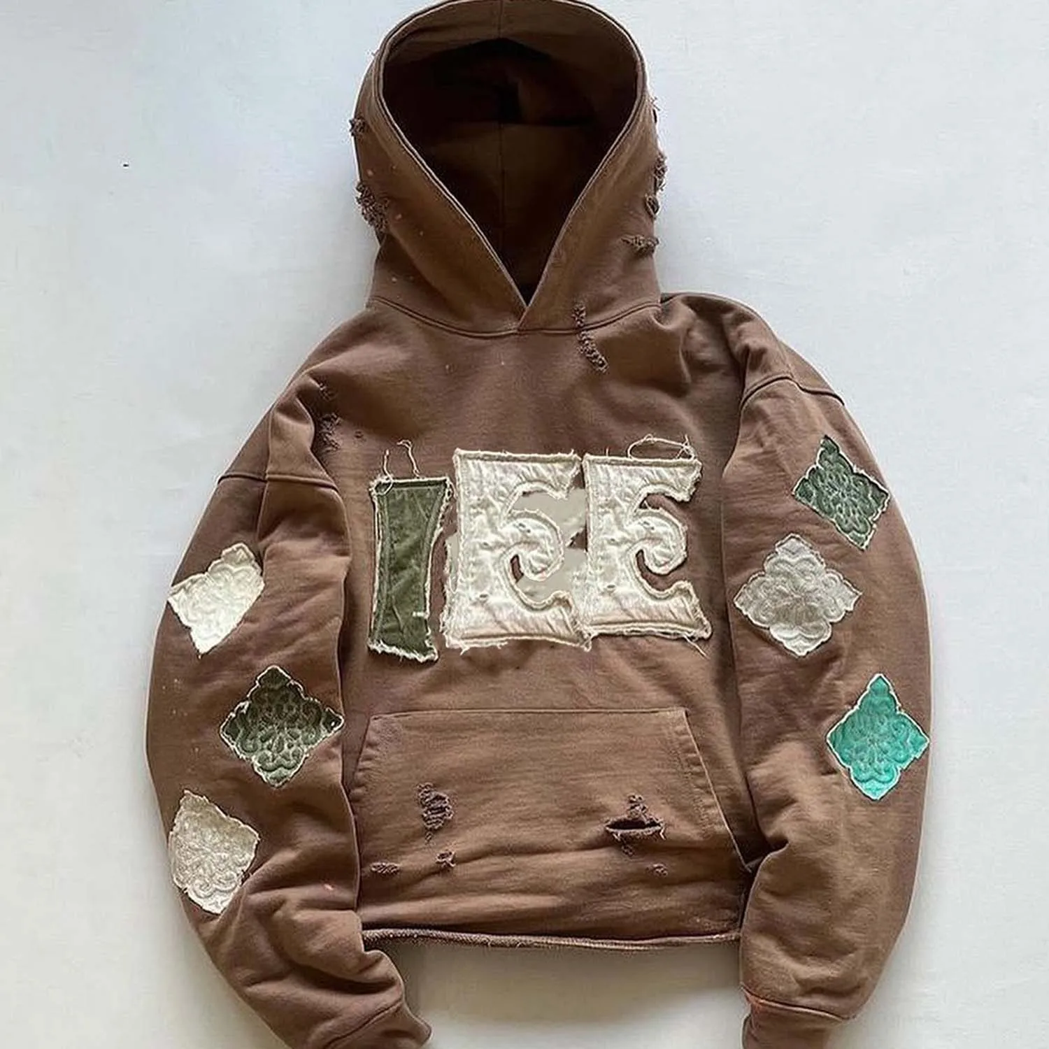 Patchwork Print Streetwear 450gsm Tattered Hoodie Hip Hop Street Men Sweatshirt