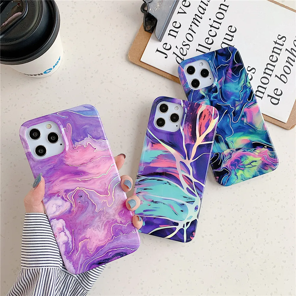 Laser Gradual Color Marble Phone Case For iphone 13 12 11 Pro XS Max XR X 7 8 Plus SE 2020 Case Cover Soft Silicone Shell Coque