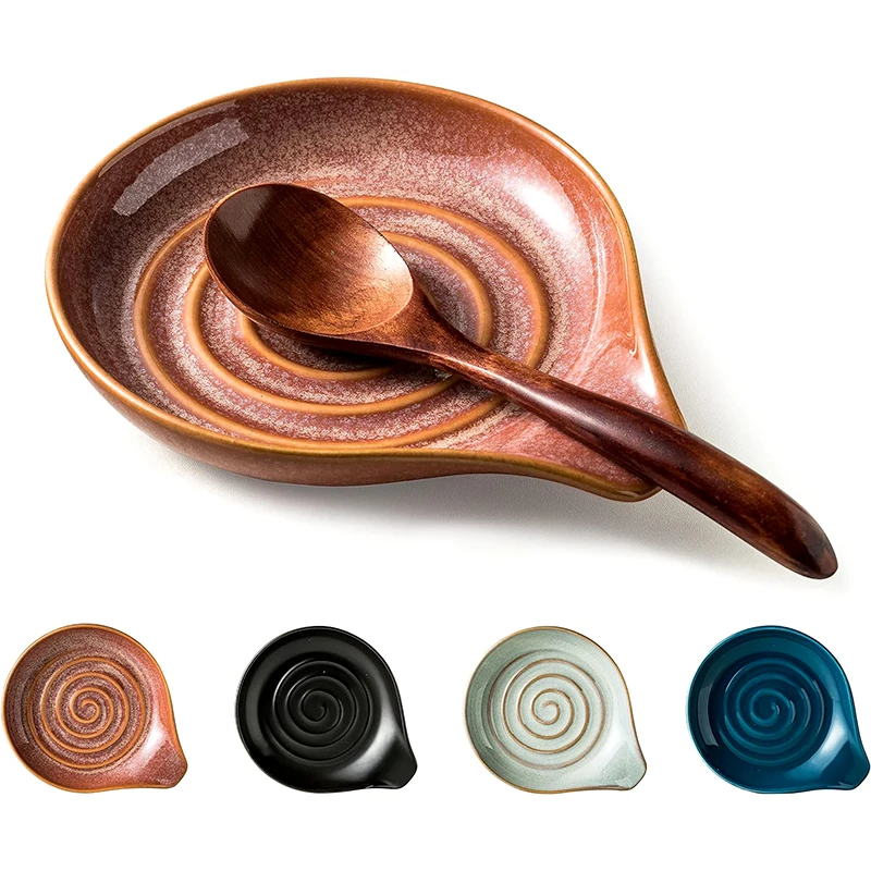 Handcraft Kitchen Spoon rest ladle holder Stoneware Reactive glaze spiral design Customized Spoon rest Spatula holder