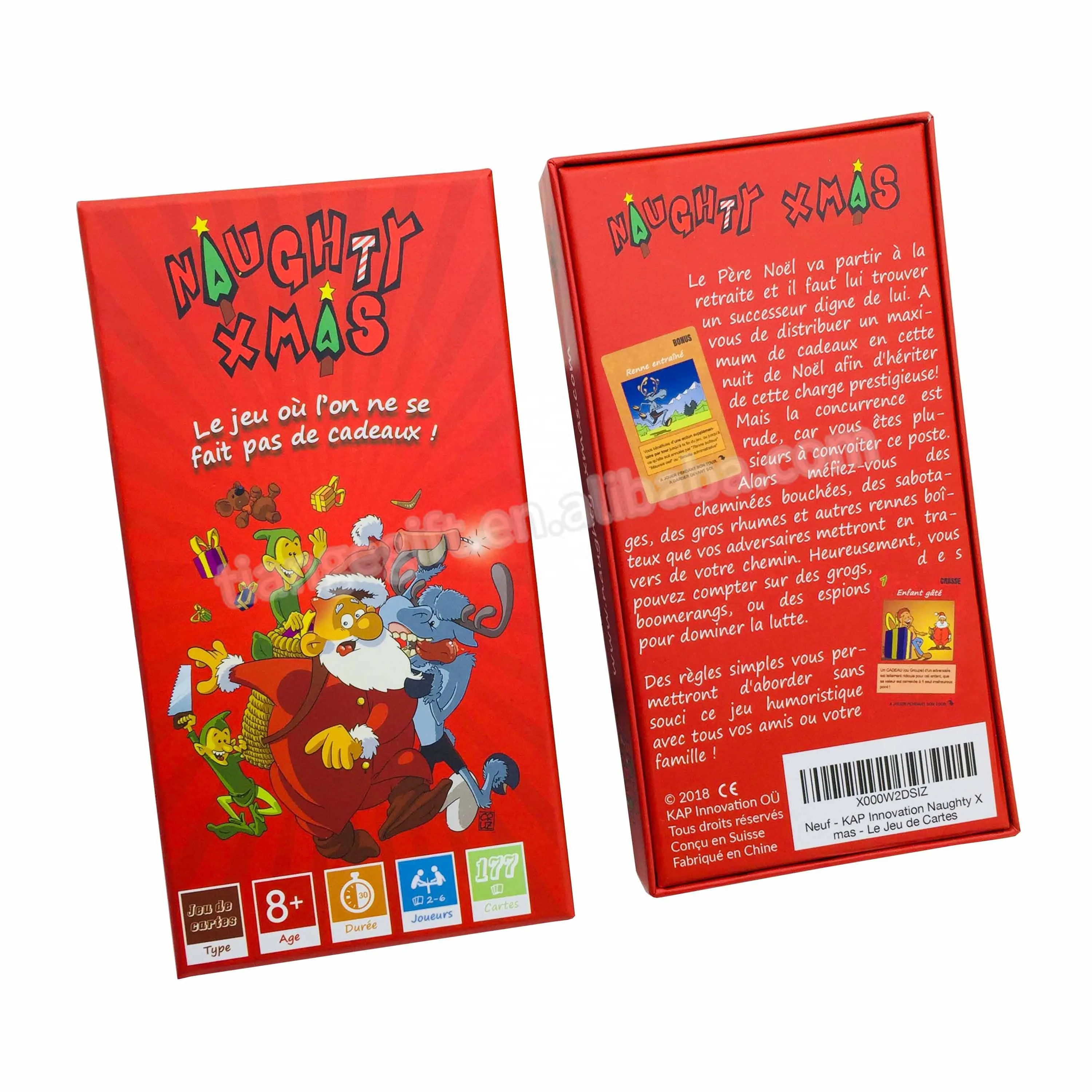 Custom high quality christmas red family blue core paper card games with rigid box
