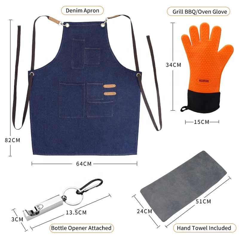 Grilling BBQ Apron Accessories Kit with Denim Bottle Opener Towel and oven