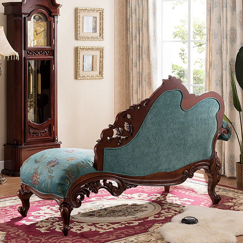 OEM European Style Living Room Chairs Wooden Leather Antique Chaise Lounge Sofa Bench Chair