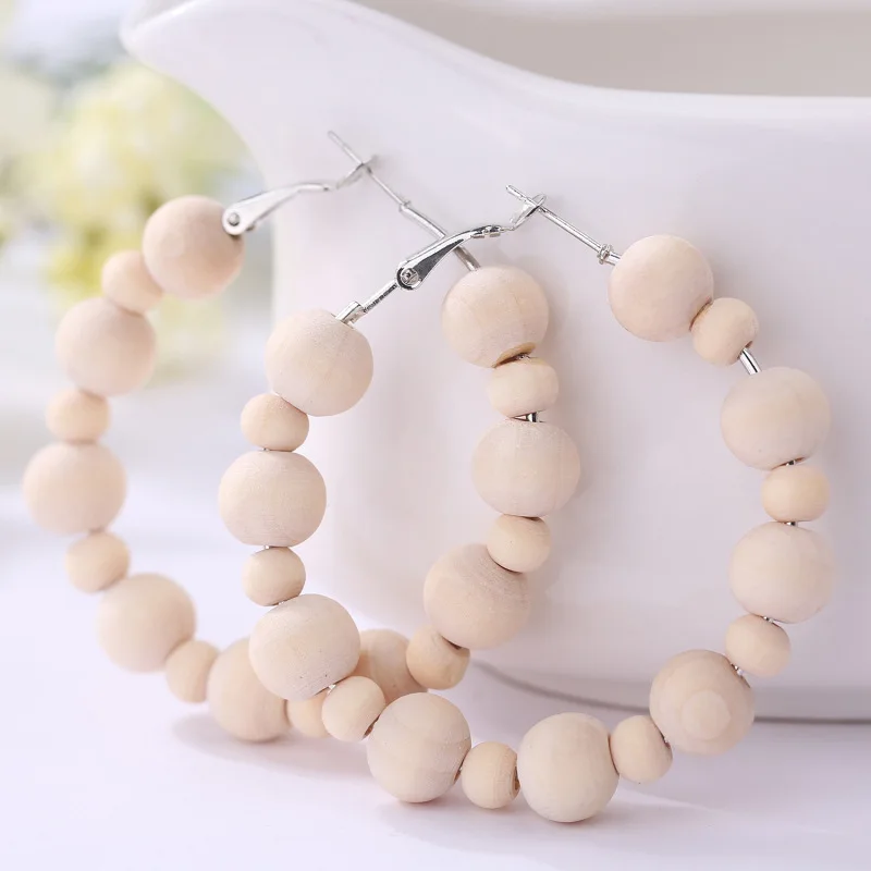 Bohemian Jewelry African Women Wooden Beads Earrings Big Beaded Hoop Earrings Handmade White Wood Earrings