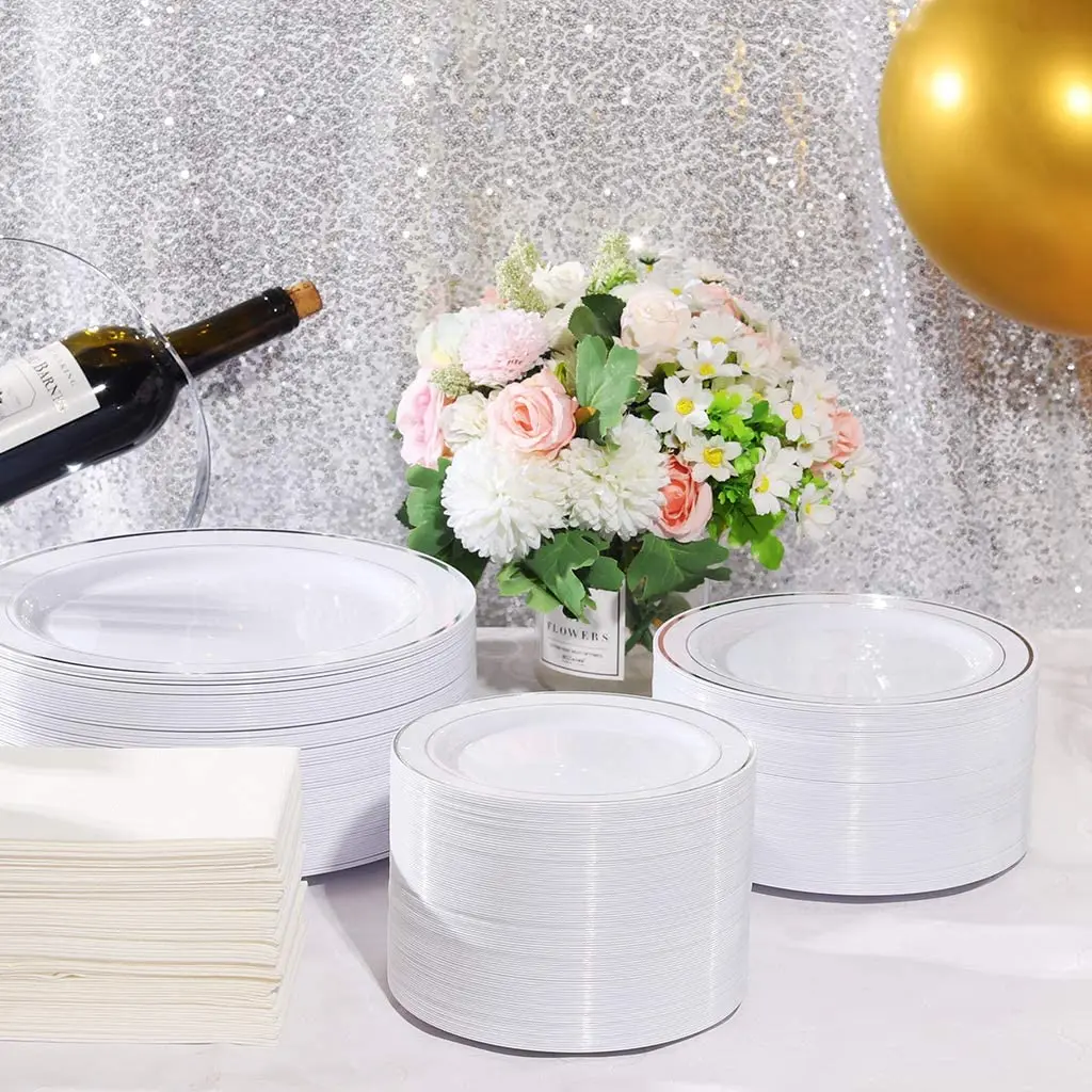 Silver rim Dinnerware Set Disposable - 25 guest Plastic Plates sets, Silverware, with Cups, Linen Like Napkin