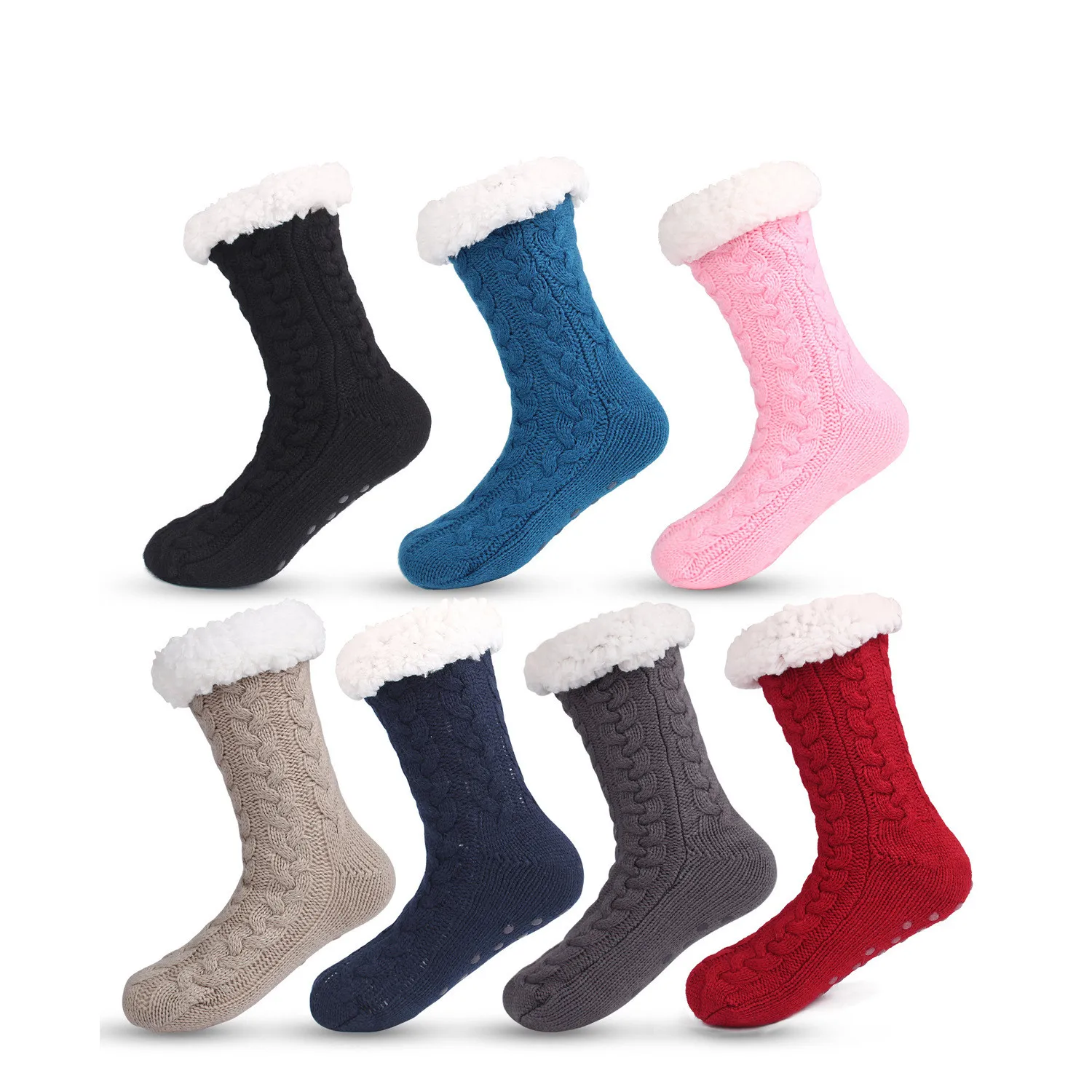 Socksmate Custom winter women warm polar fleece non slip grips knitting thick home woolen heated indoor floor shoes socks