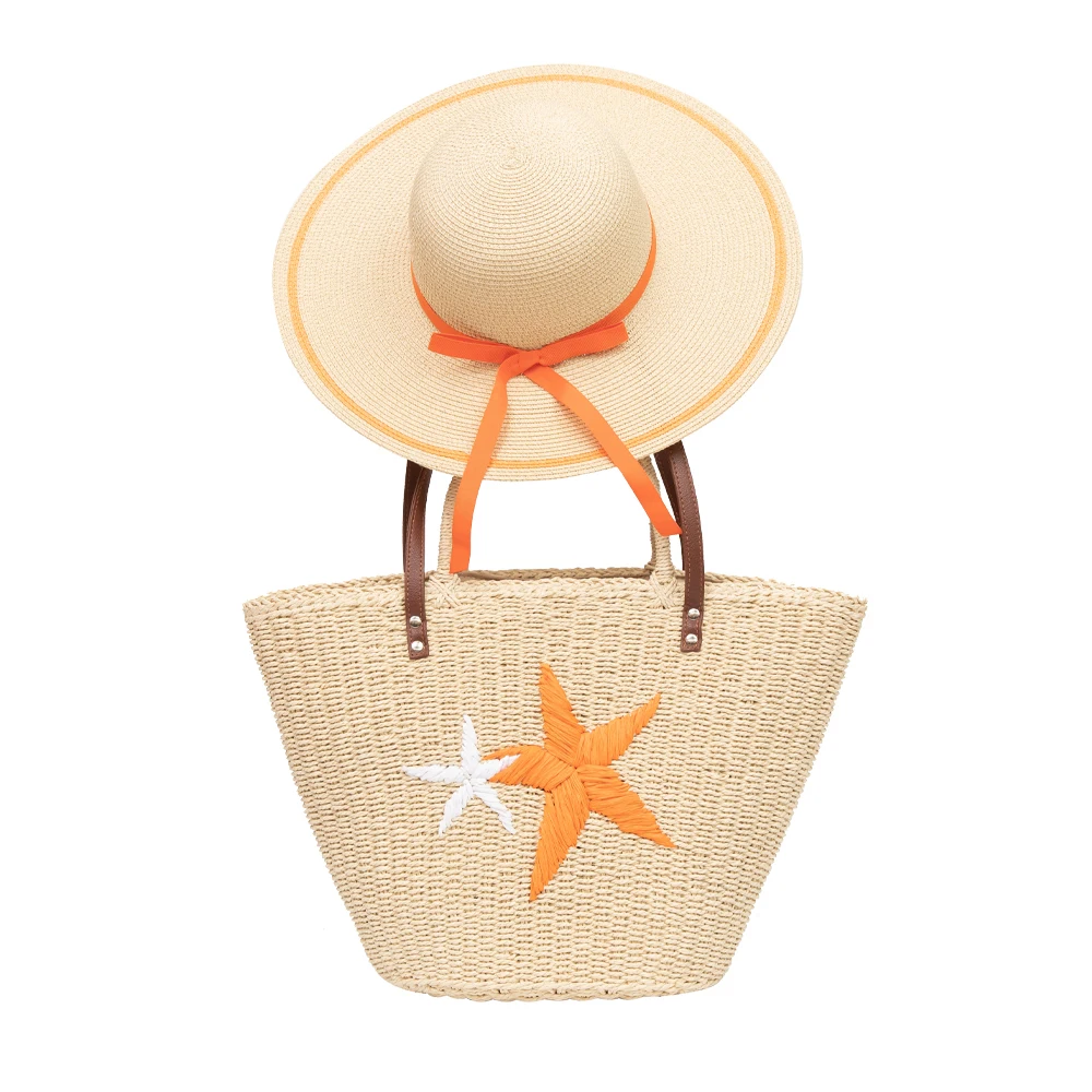 JAKIJAYI Brand SS20 Wholesale Ribbon Bow Summer Paper  Floppy  Ladies Straw Hat With Embroidery Starfish Straw Bag Set