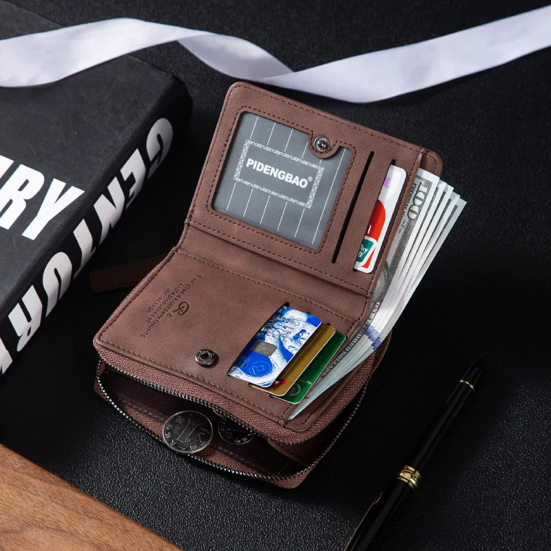 Premium Car Printed Vertical Wallet Embossed Crazy Horse Leather Money Clip Men Purse Separate Card Holder Short Zipper Wallet
