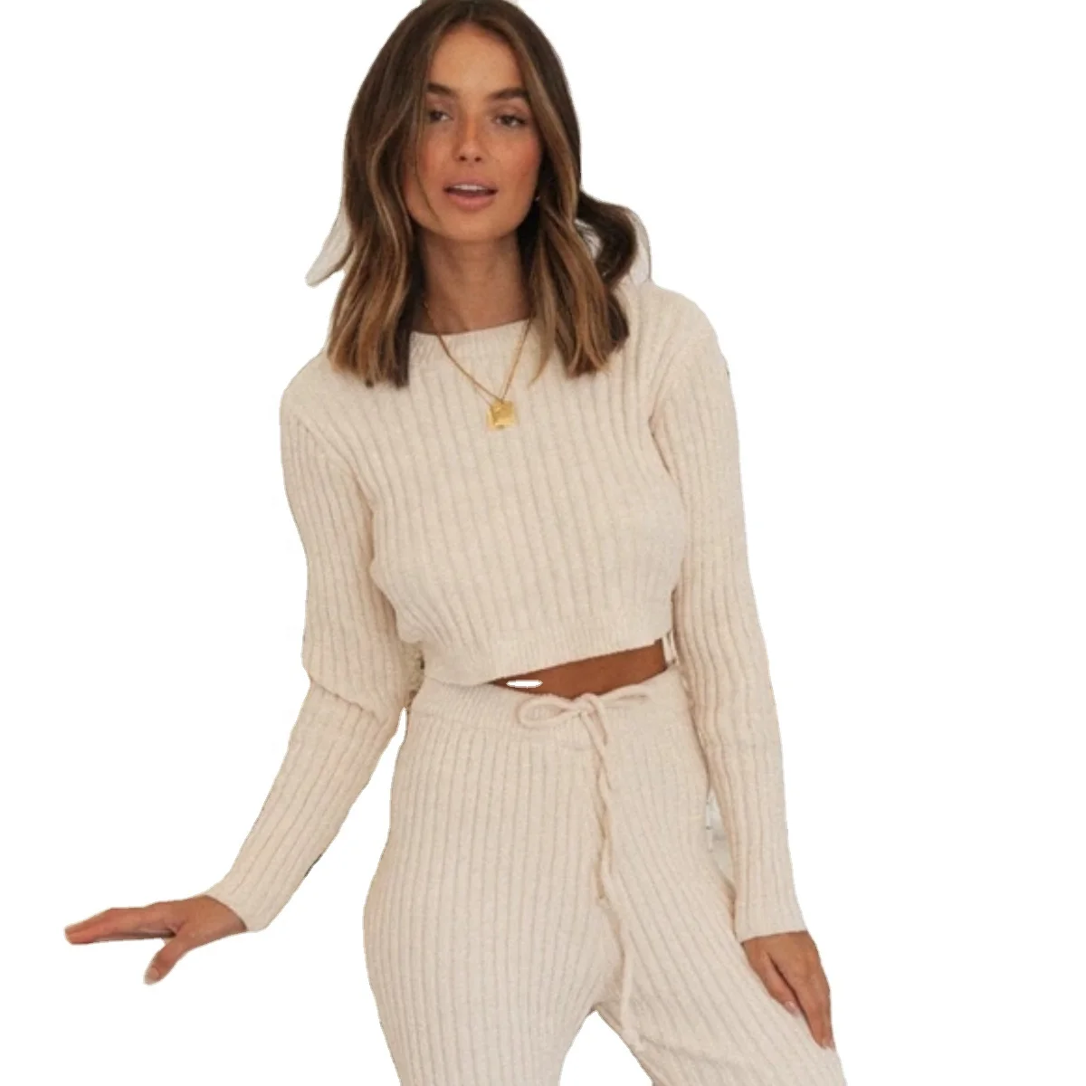 Fall Fashion 2024 Sweater Set Sexy Knitwear Pullover Backless Knit Two Piece Sets Ribbed Women 2 Pcs Clothing