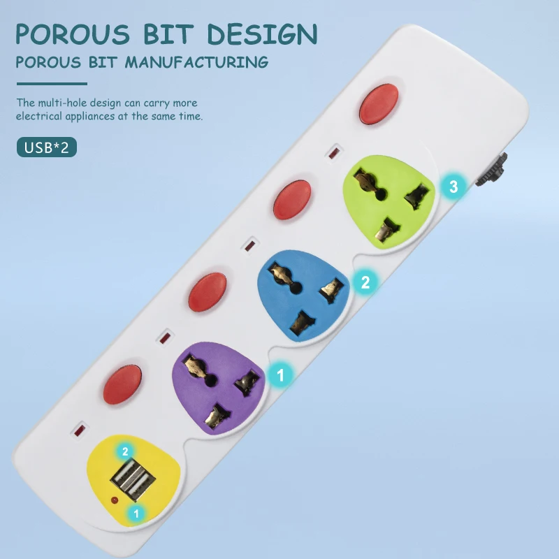 High Quality extension cord socket with USB colorful board 4way outlet Child  protection electrical power strip
