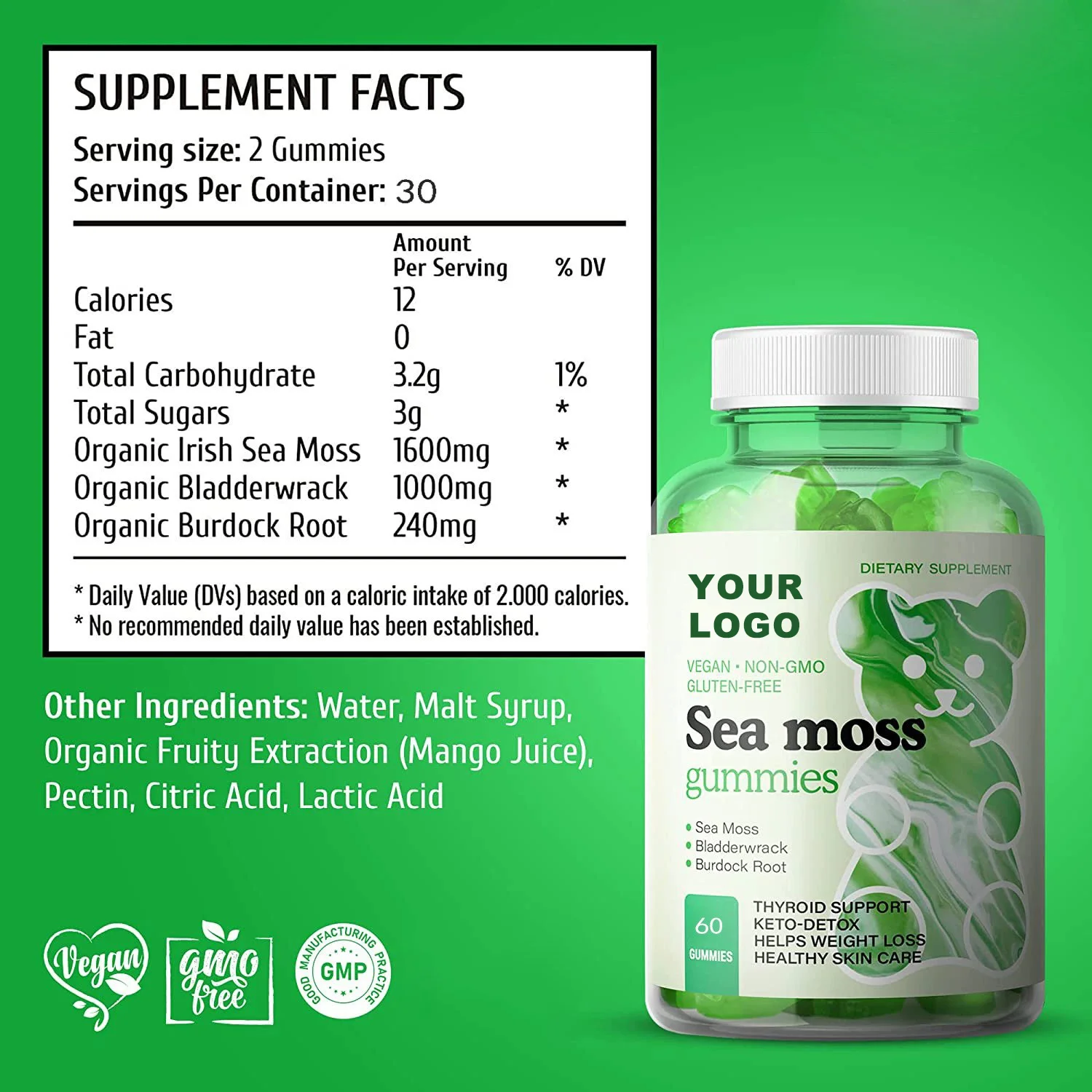 Best Supplier Private Label Benefits Wild Crafted Vegan Powder Capsules Green Organic Sea Irish Moss Gel Gummy For Weight Loss