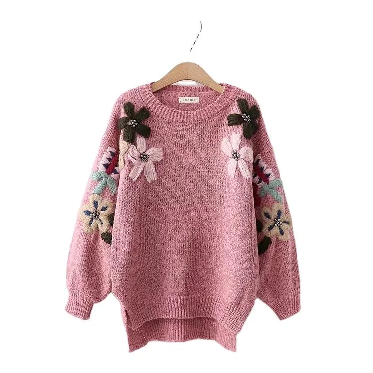 Pink New Pearl Flower Knitted Women Ladies Girls Pullover Embroidered Sweaters for  beautiful young girls