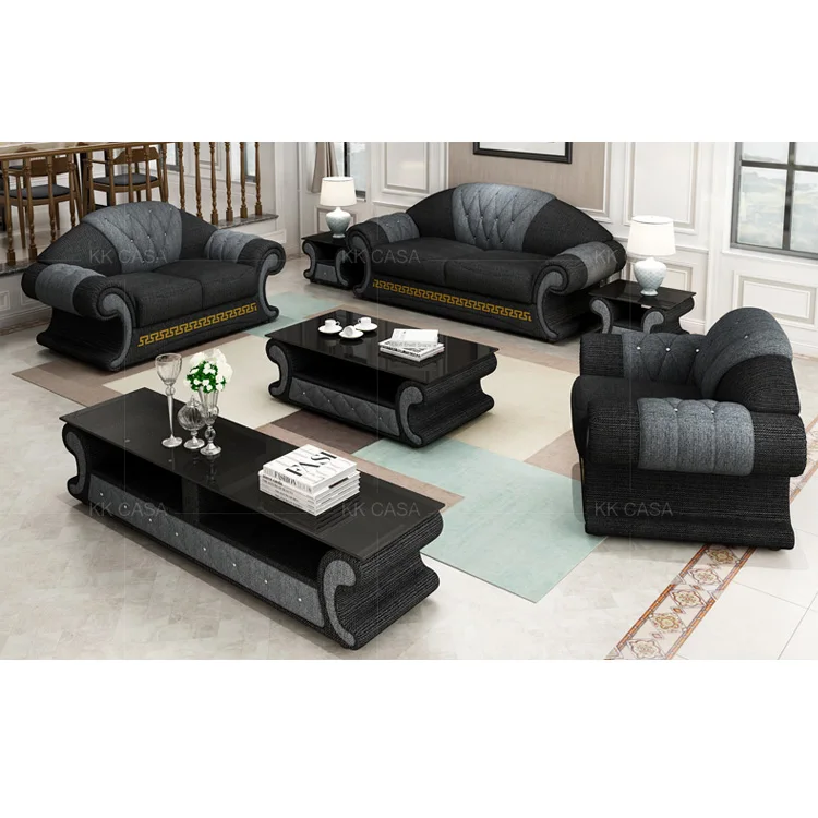 Modern European living room furniture sofa black and grey fabric and leather sofa set 3 2 1 seat