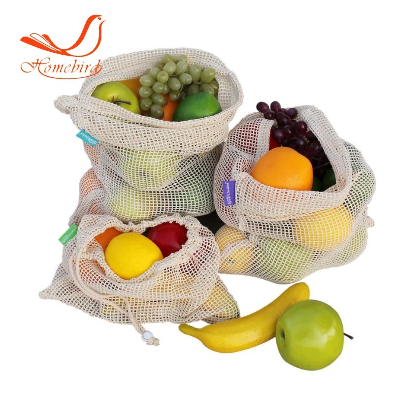  Reusable cotton mesh produce bag set drawstring