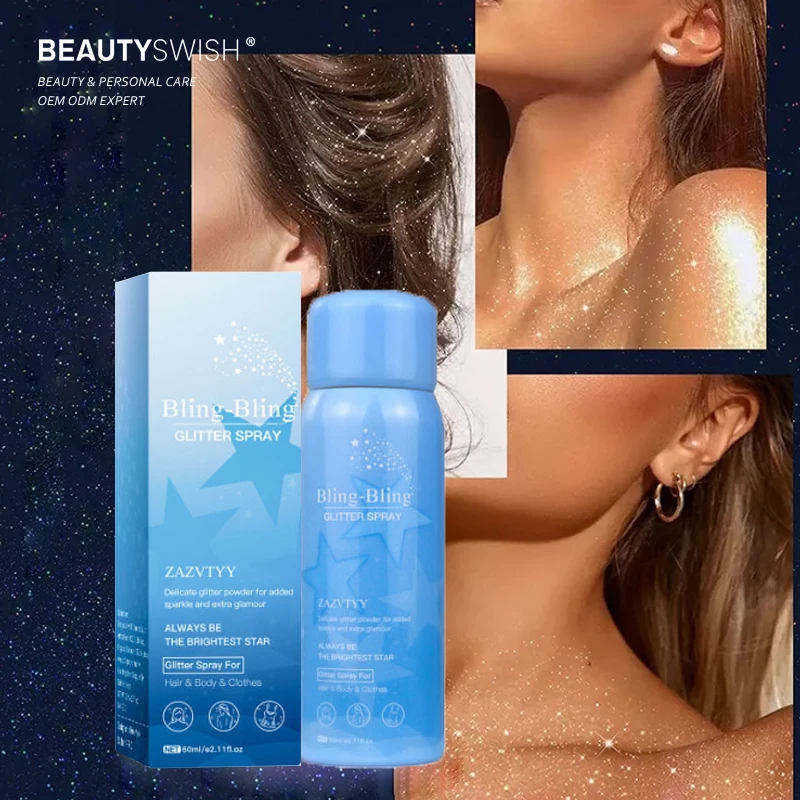 Free Sample OEM Private Label Vegan Highlighter Shiny Long Lasting Face Hair Body Spray Shimmer Party Clothes Glitter Spray