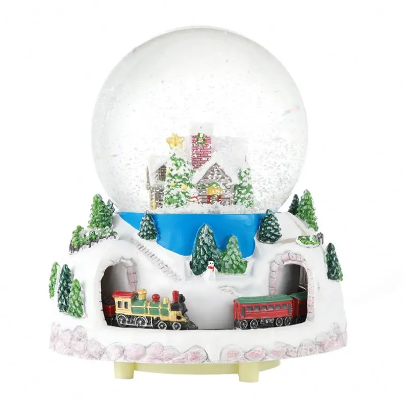 Customizable Christmas Train Snow Globe with Rotating Train Resin Base Water Globe Glass Blowing Snow Christmas Music Slot Toys