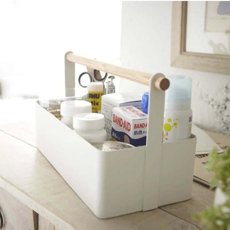 Japanese style desktop iron cosmetic portable large storage box with wooden handle