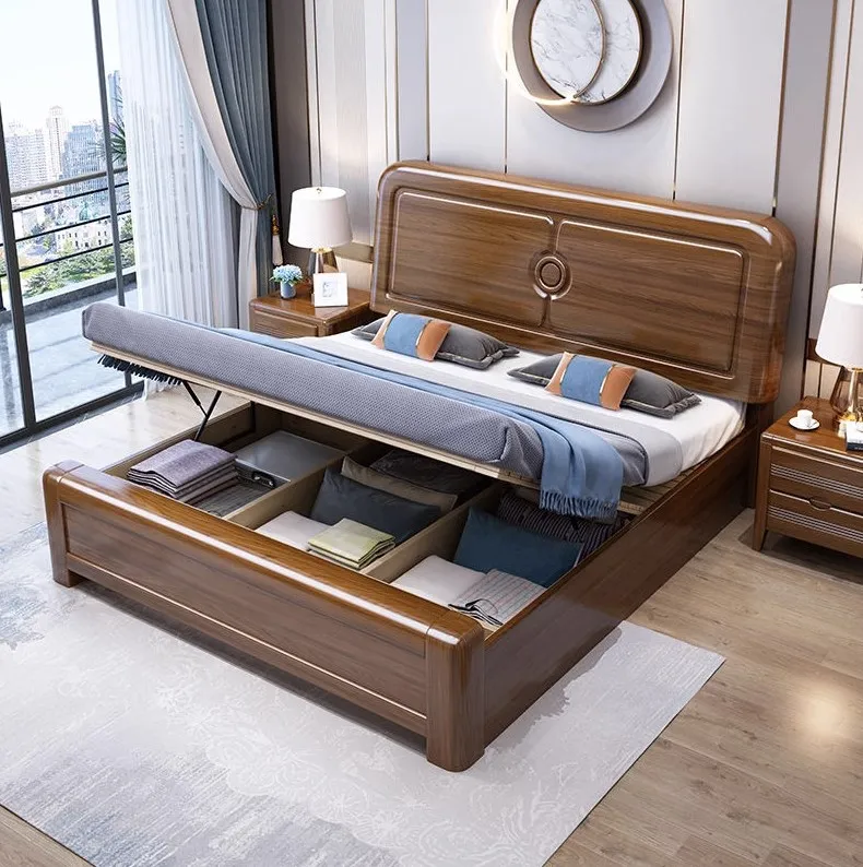 Walnut Chinese Style Solid Wood Bed Modern Minimalist Double Bed Bedroom Furniture king Bed