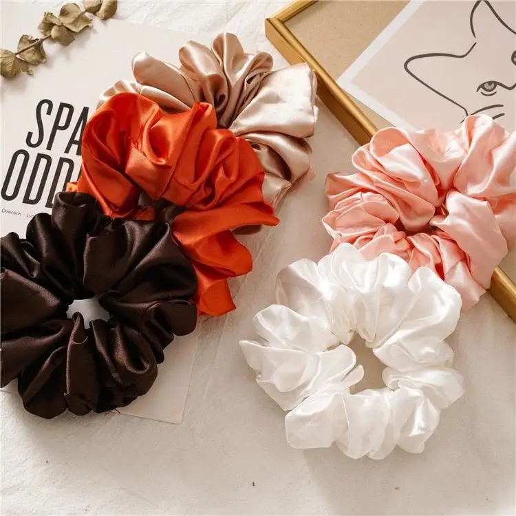 Wholesale hot sale women fashion hair accessory solid satin wide silk fabric scrunchies for hair tie