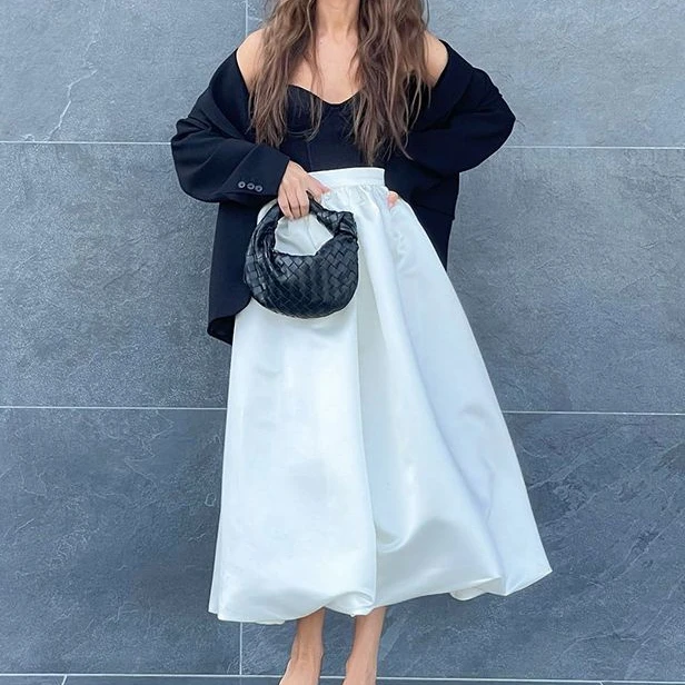 2023 new arrival women balloon skirt solid color elegant satin midi bubble skirts