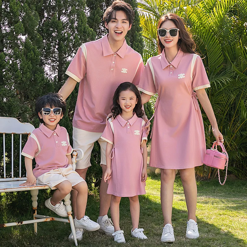Korean-Style Short-Sleeved Polo Shirt Fashionable Mother-Daughter Outfits Casual Family Matching Dress Parents Kids Fat Babies