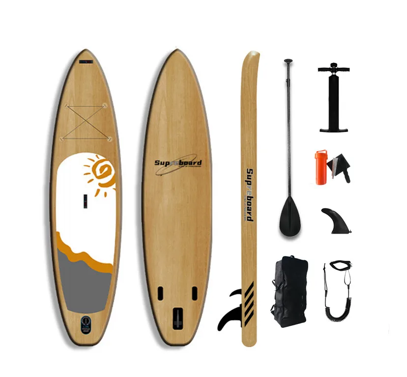 
2021 Hot Latest Trend Wood Grain Look Soft Surfboard Paddle Board SUP Inflatable Set Complete Paddleblard Kit 
