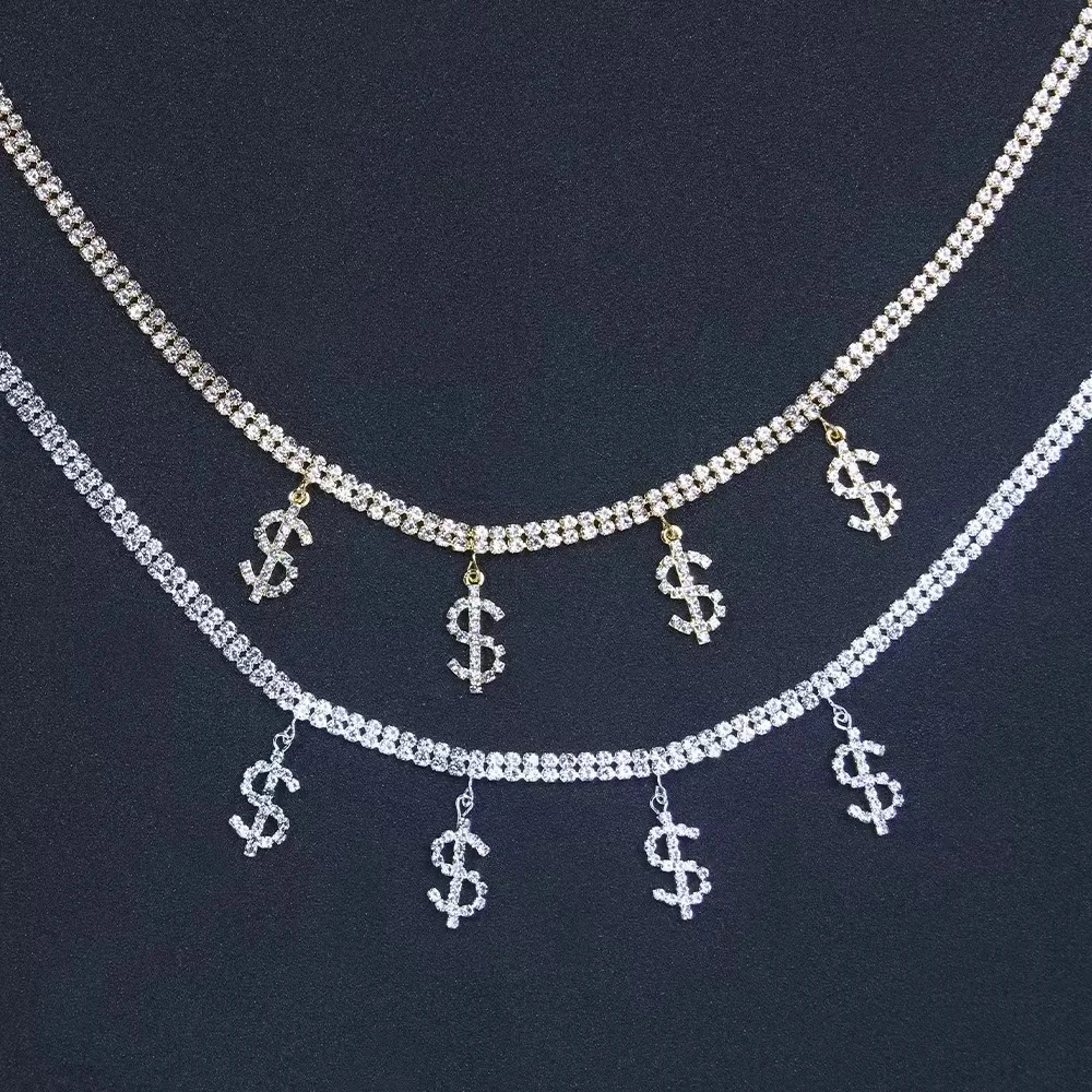 PJ-M074 Women Dainty Adjustable Non-fading  Crystal Rhinestone Dollar Sign Pendant Necklace for Women