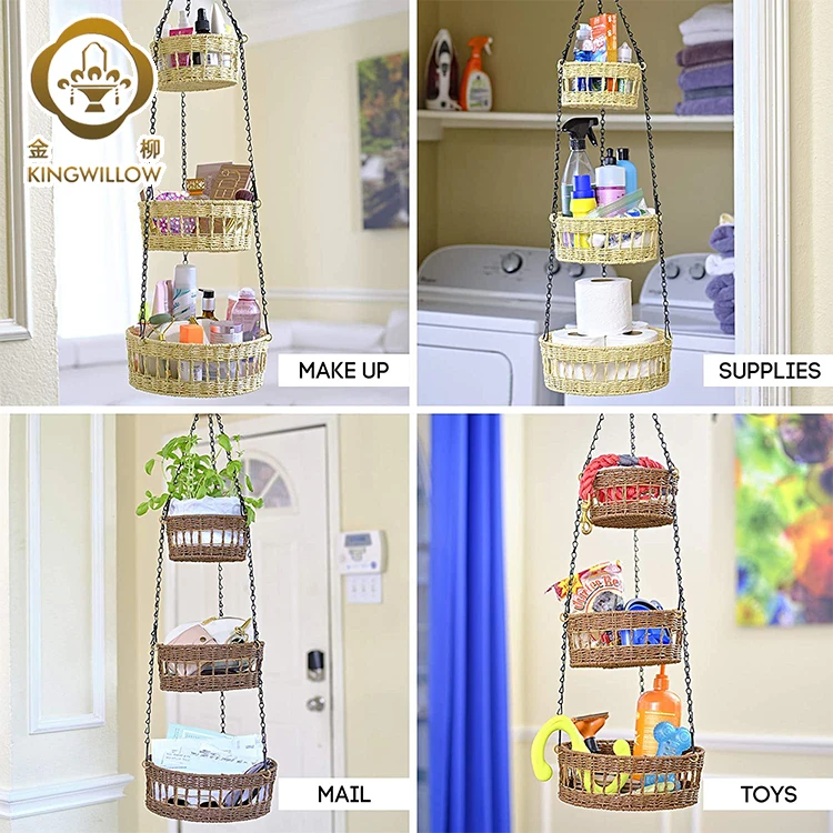 Kingwillow домашний сад забор тканый завод цветок на стену из бумажной ленты тканые 3 яруса кружевных подвесная корзина для фруктов с одной главной балкой с крючком