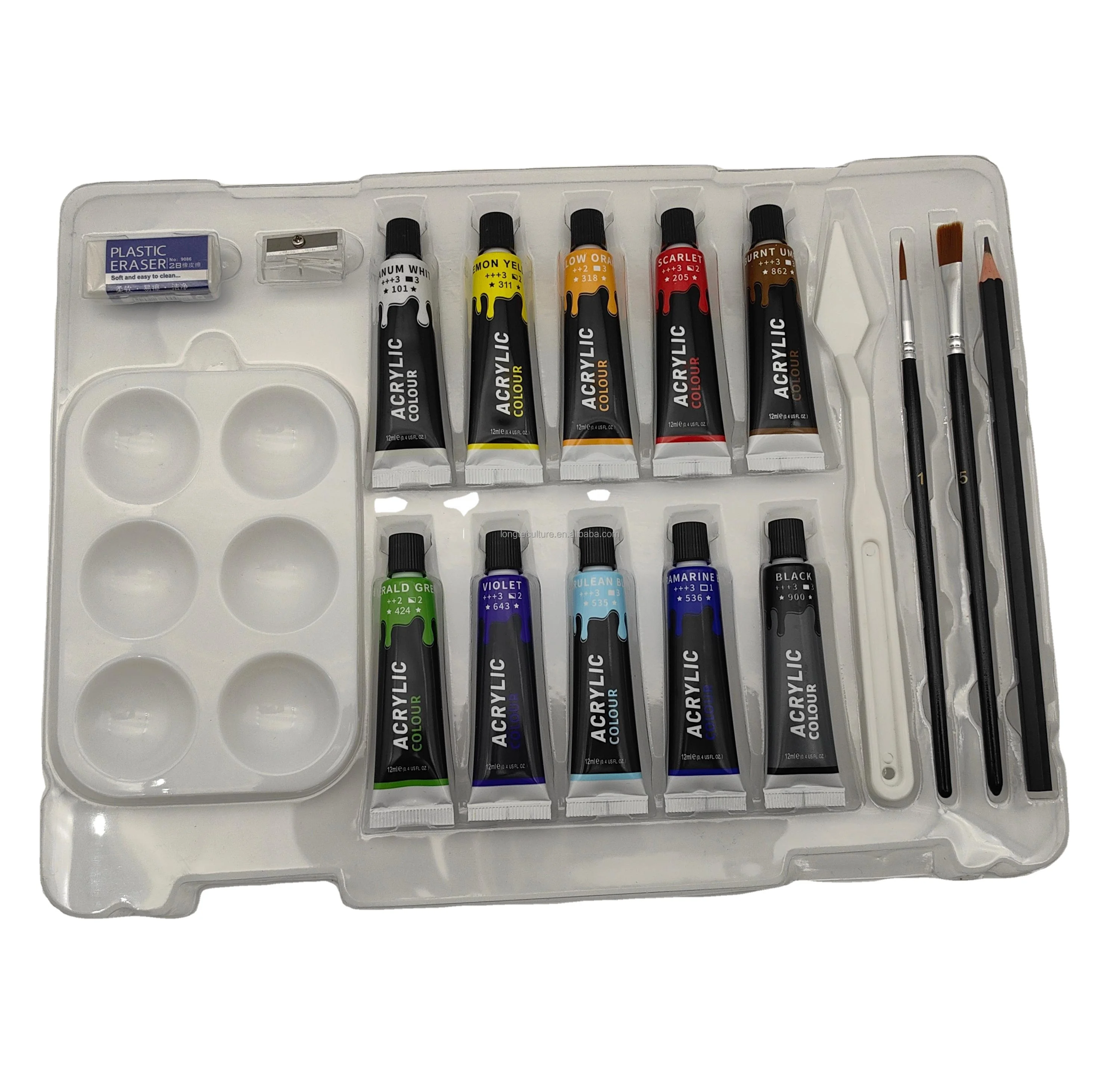 Professional Art Supplies 12 ML Painting- 2 Brushes, 1 Pencil/Eraser/Sharpener/Plastic Knife/Plastic Palette Acrylic Paint Set