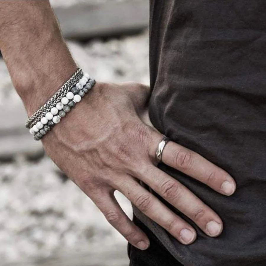 Hip Hop Punk Style Cool Silver Chains Natural Stone Bead Howlite Map Stone Bracelet Set for Men