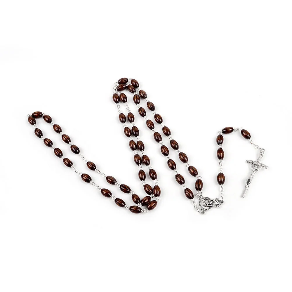 6*8mm Wood Beads Catholic Rosary Religious Cross Necklace