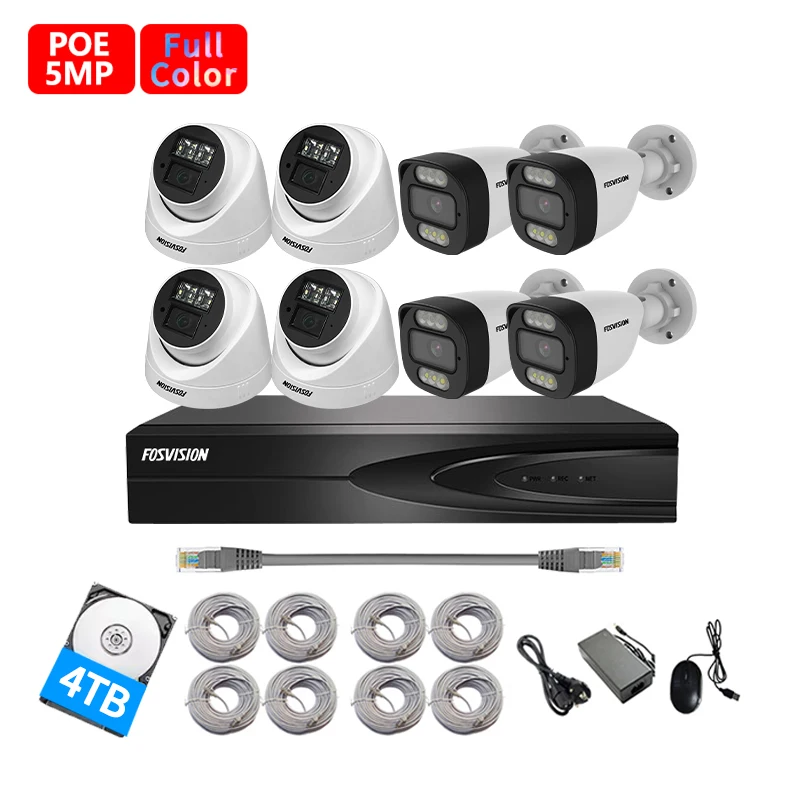 fosvision 8ch POE NVR KIT 5MP color vu IP Camera Smart full color with Audio CCTV Camera  systems home security 4HDD