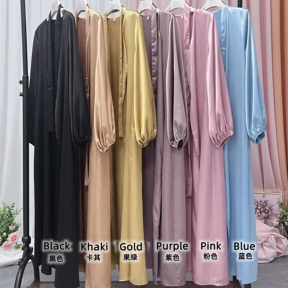 LangChi Fashion Muslim Dress Puff Sleeve Open Cardigan Colorful Elegant Kimono Silky Satin Abaya
