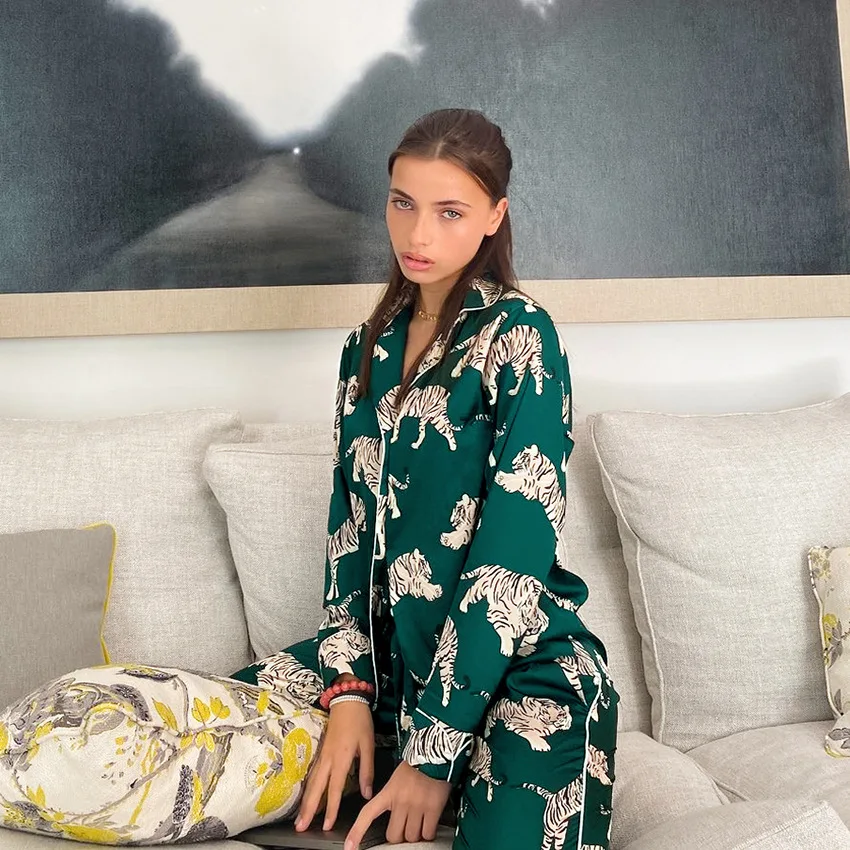 Luxury Femme Women Sleepwear Pyjama 2 Pieces Animal Tiger Print Silk Satin Pajamas Set