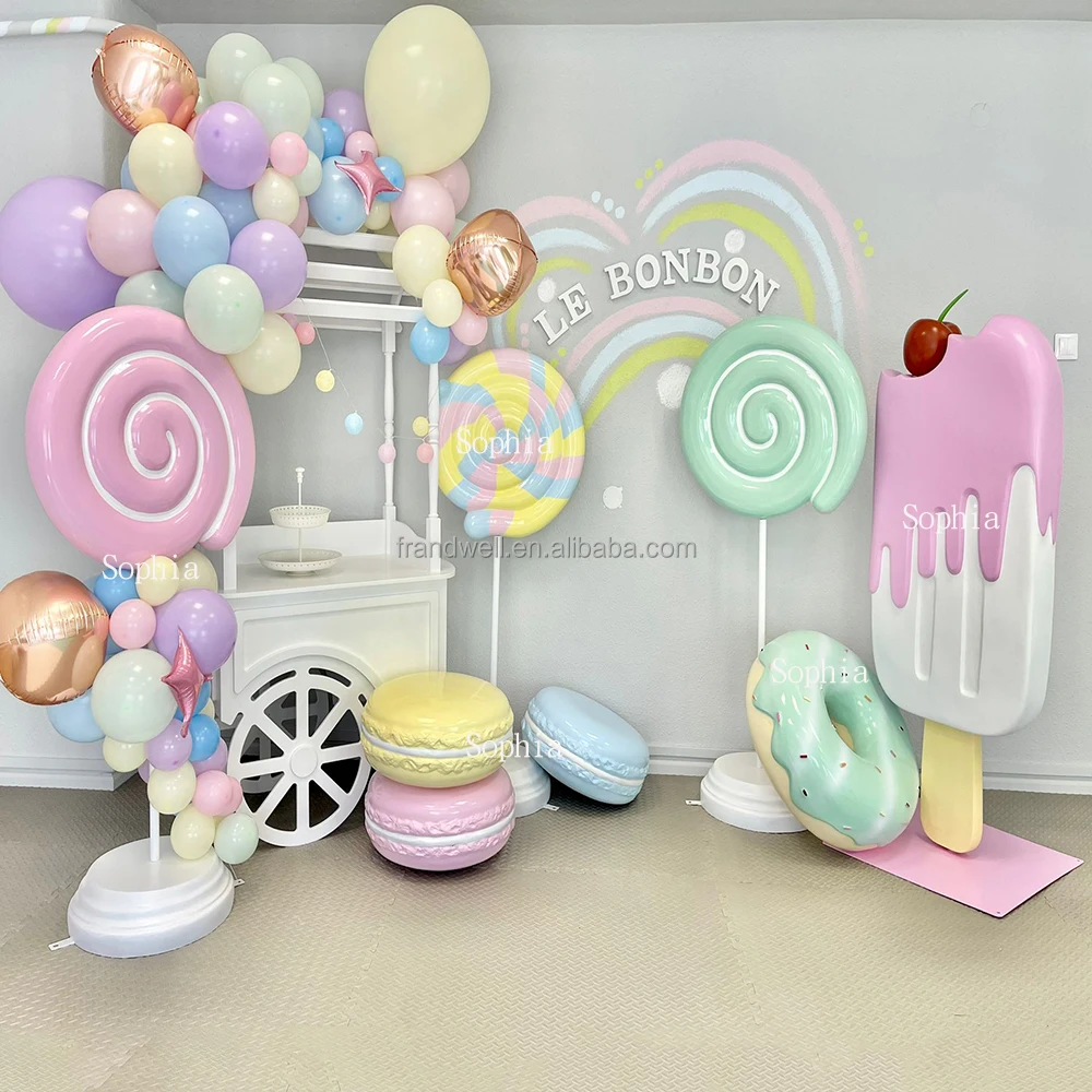 Christmas giant ornaments fiberglass resin pastel macaroon donuts props candy lollipop sculpture for candyland decoration