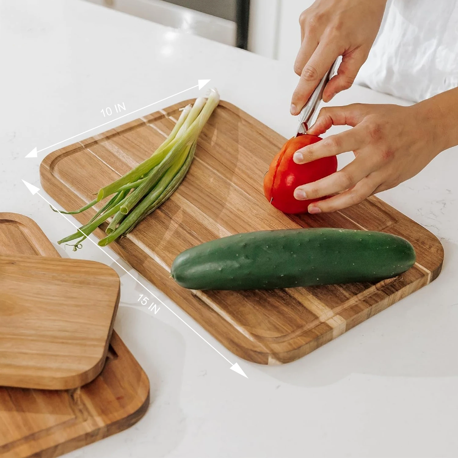 Customizable 3 pcs natural acacia wood cutting board set with juice groove and non-slip feet thick wooden serving tray plate