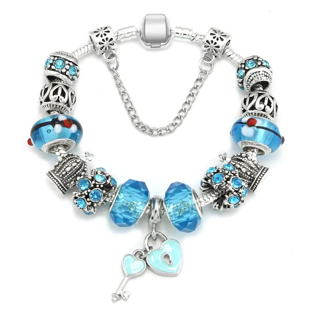 DIY Glass Beads Bracelet Ladies Love Lock and key Beads Snake Chain Charms Beads Bracelet For Women